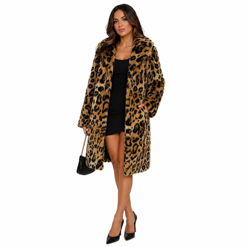 Leopard Print Faux Fur Longline Coat Womens Notched Collar Tan Black Animal